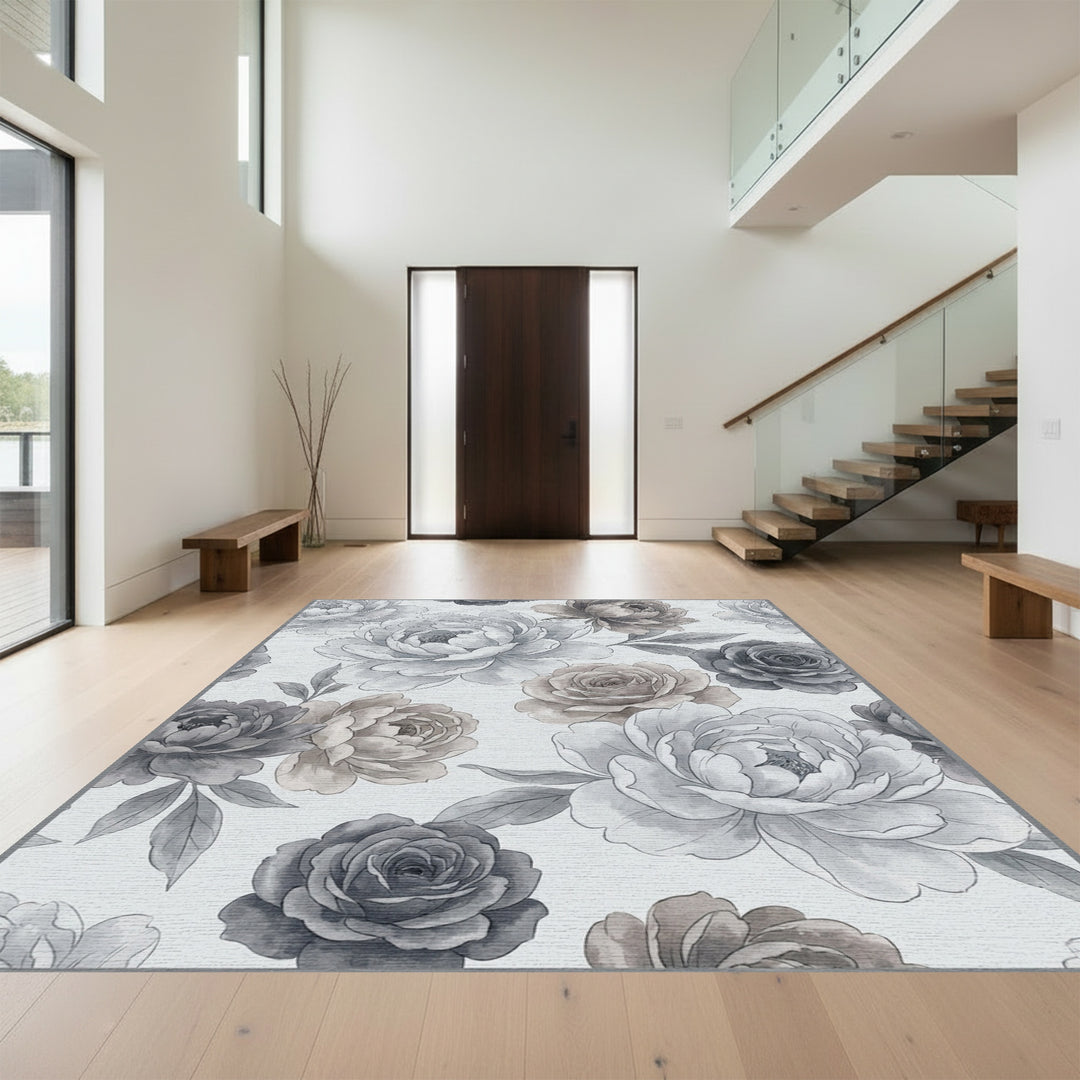 Vintage Gray Floral Peony Bloom Rug