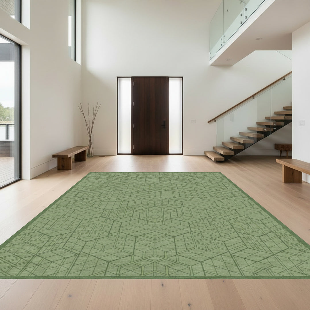 Muted Green Geometric Cube Tessellation Rug