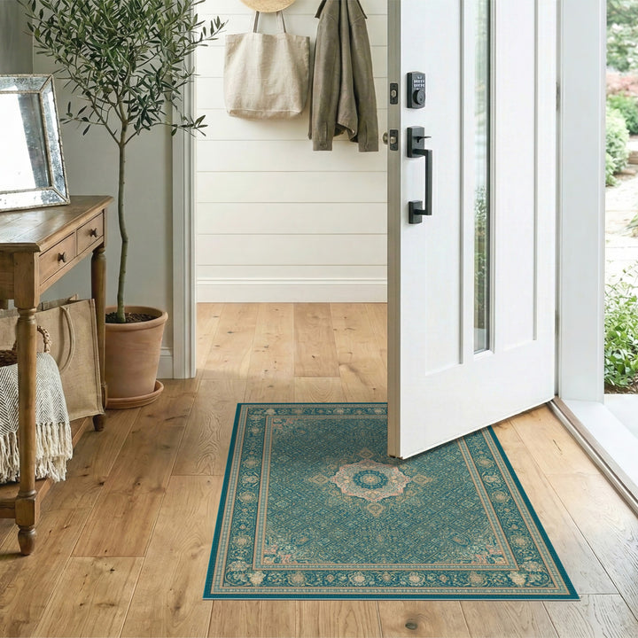 Teal Persian Medallion Area Rug with Floral Border