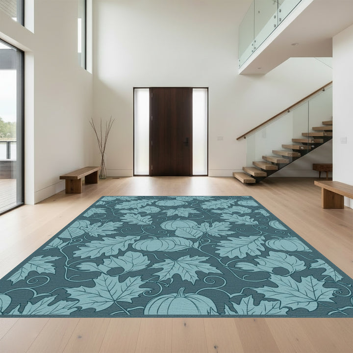 Autumn Pumpkin Leaf Swirl Teal Rug