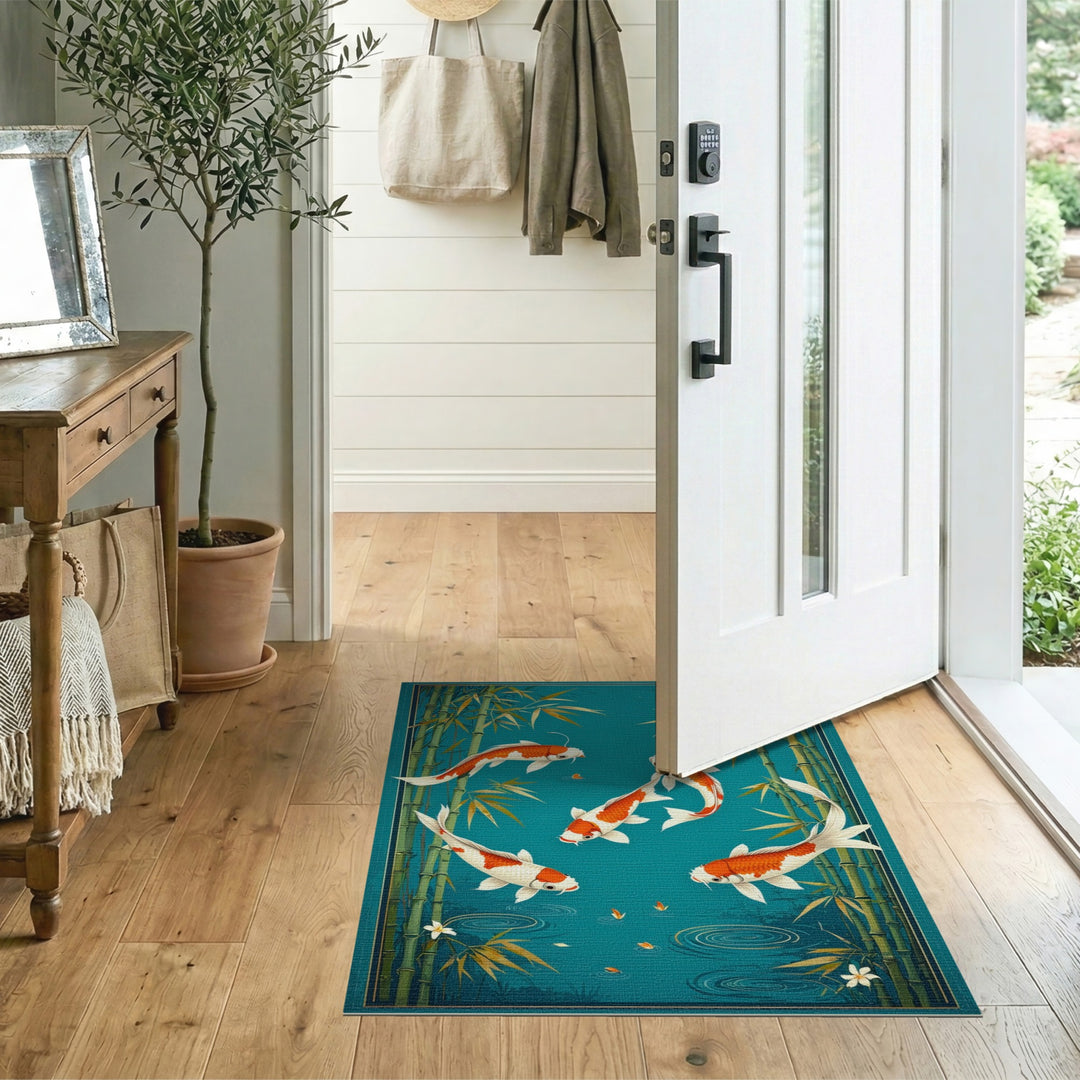 Teal Koi Fish Bamboo Pond Area Rug