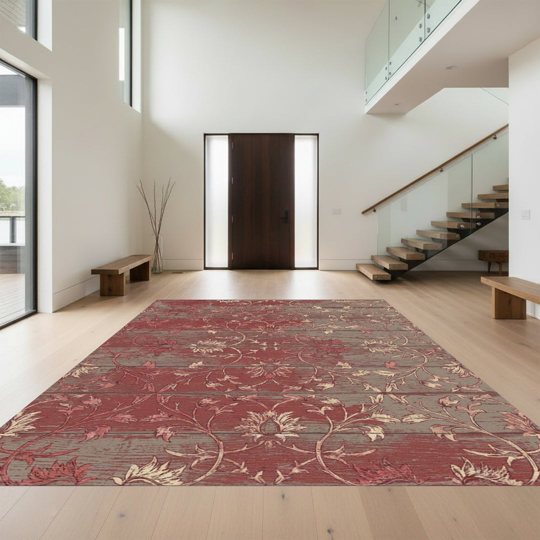 Rustic Red Scrolled Floral Wood Panel Rug