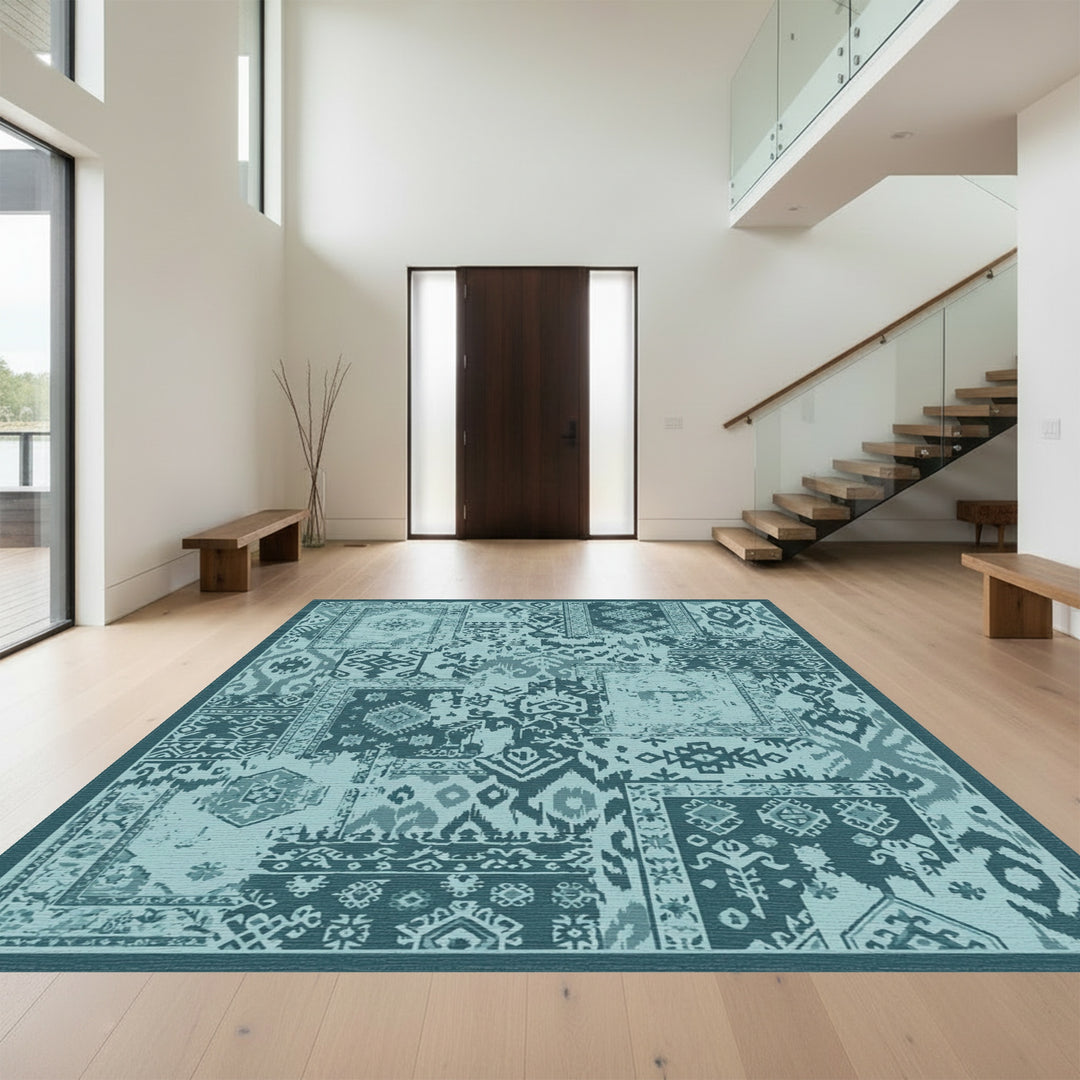 Teal Patchwork Geometric Medallion Rug
