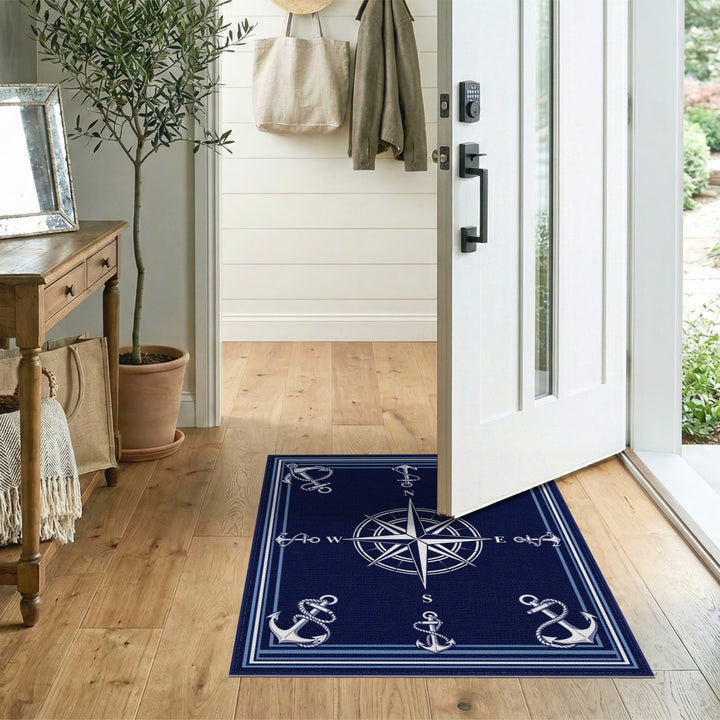 Navy Compass Anchor Coastal Area Rug