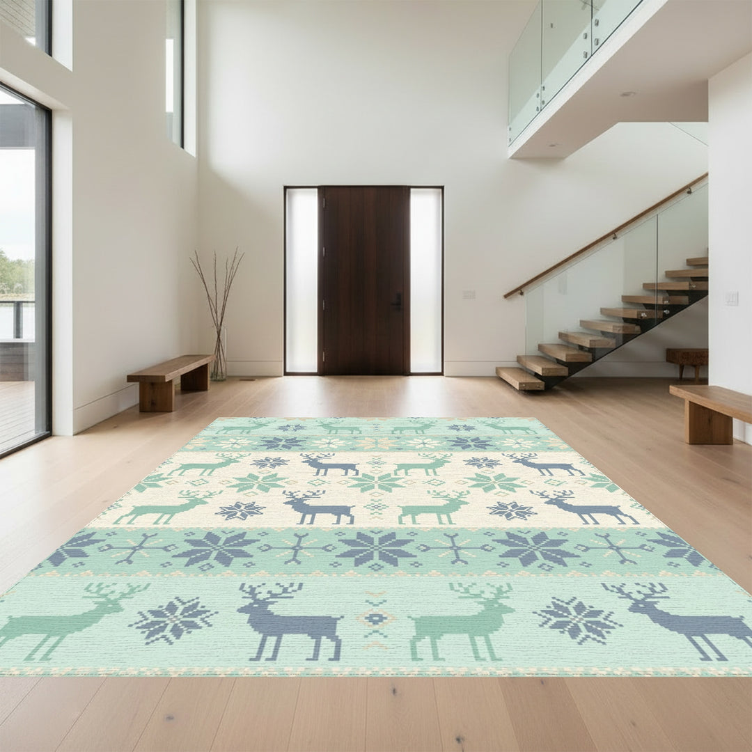 Pale Teal Reindeer Snowflake Nordic Blanket Rug