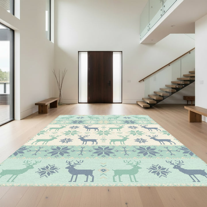 Pale Teal Reindeer Snowflake Nordic Blanket Rug