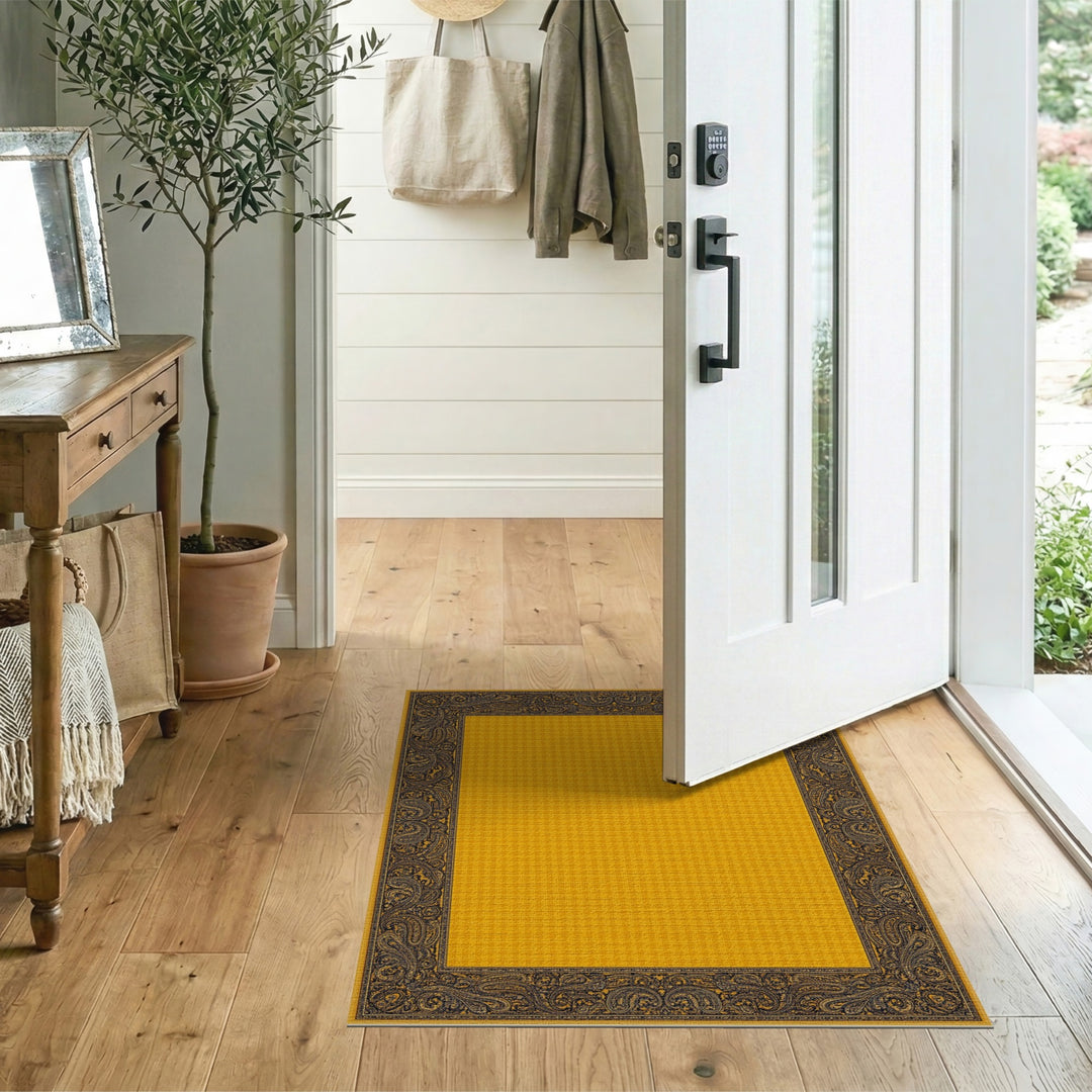 Yellow Paisley Border Traditional Rug