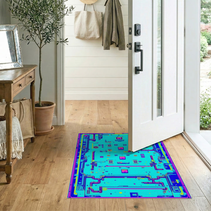 Neon Blue Pixel Circuit Area Rug