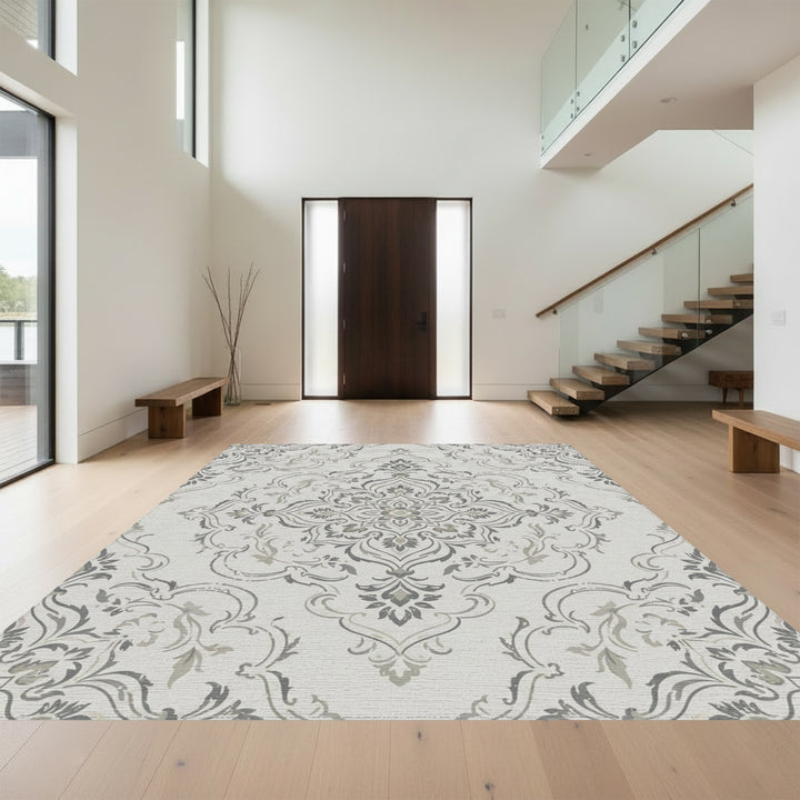Neutral Gray Vintage Damask Medallion Rug
