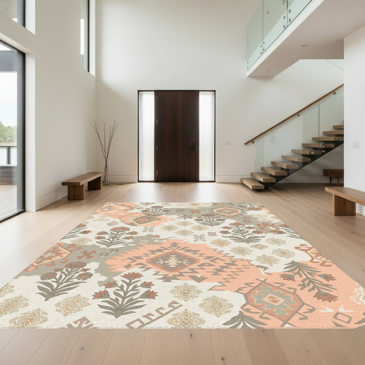 Terracotta Peach Geometric Medallion Floral Rug