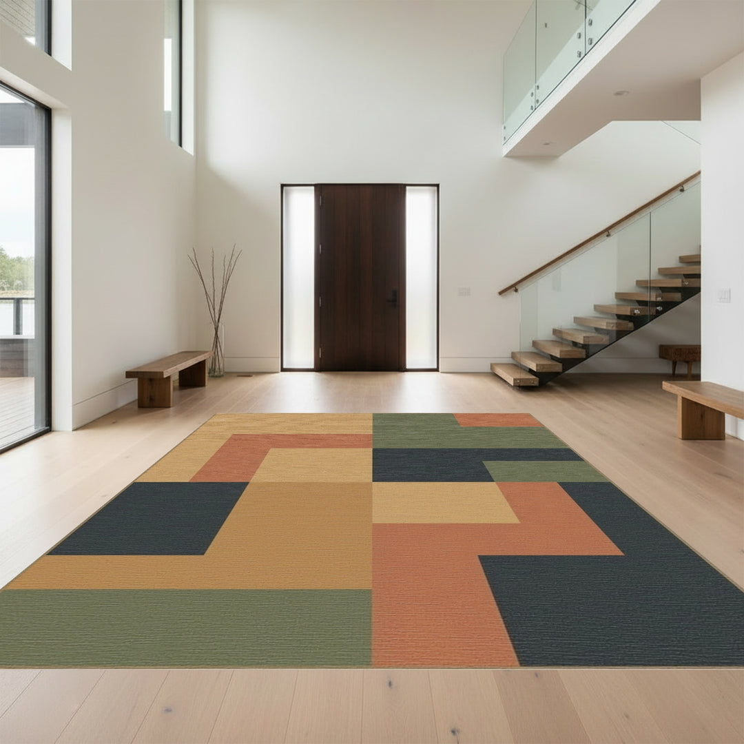 Terracotta Olive Geometric Blocks Rug