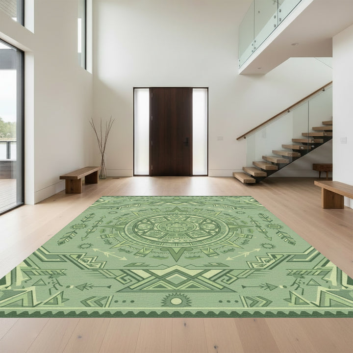 Green Aztec Sun Stone Geometric Rug
