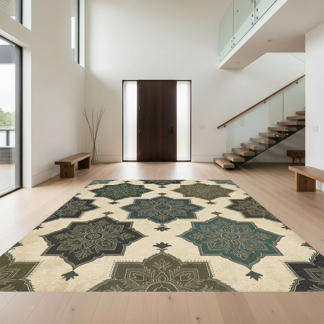 Earthy Green Slate Medallion Texture Rug