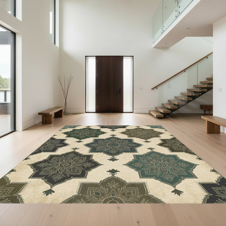 Earthy Green Slate Medallion Texture Rug