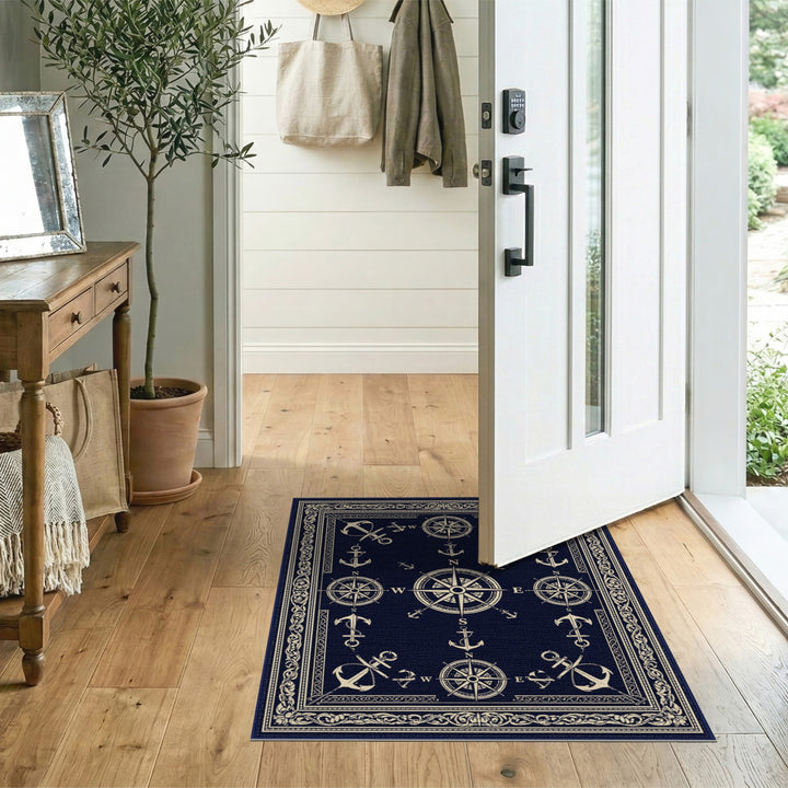 Navy Blue Nautical Anchor Compass Area Rug