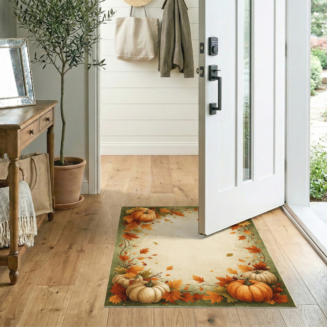 Orange Rustic Farmhouse Autumn Pumpkin Harvest Area Rug
