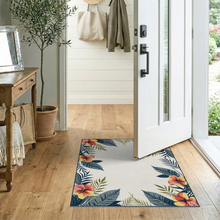 Hibiscus Floral Border Washable Area Rug