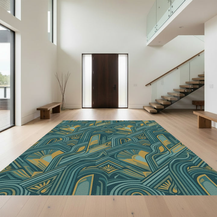 Teal Gold Geometric Sunburst Arch Rug