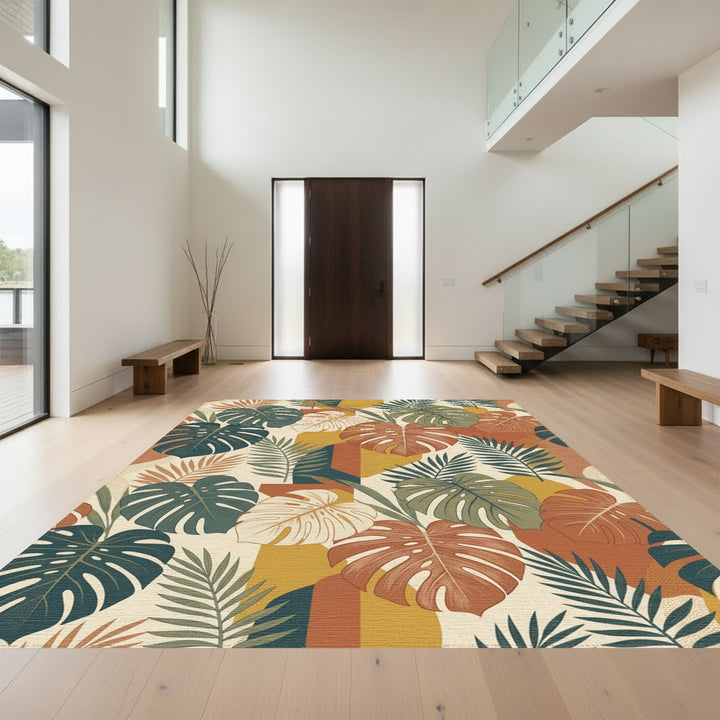Earthy Terracotta Tropical Monstera Leaves Rug