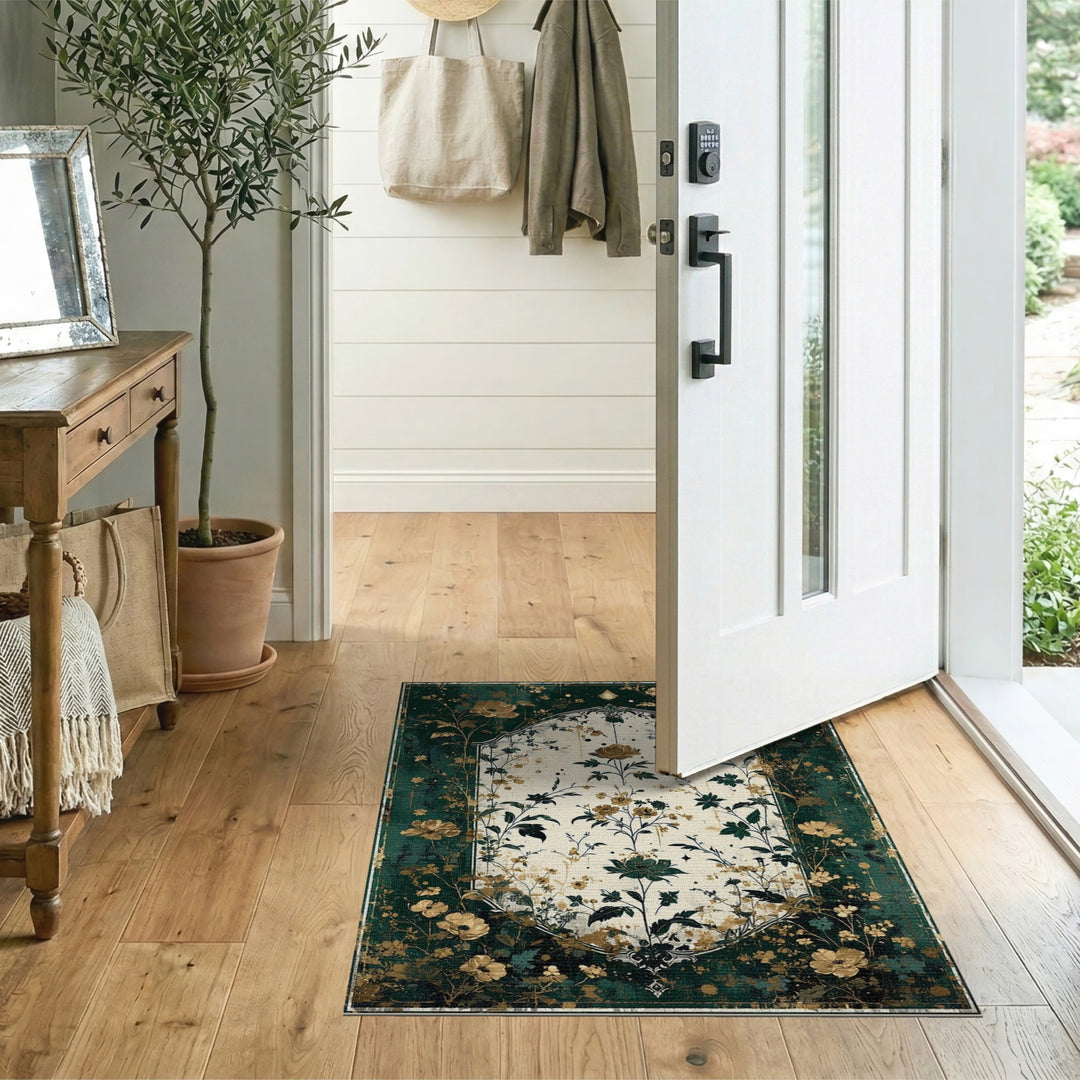 Green Gold Floral Vintage Floral Vintage Area Rug