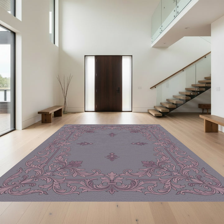 Ornate Floral Scrollwork Rose and Gray Rug