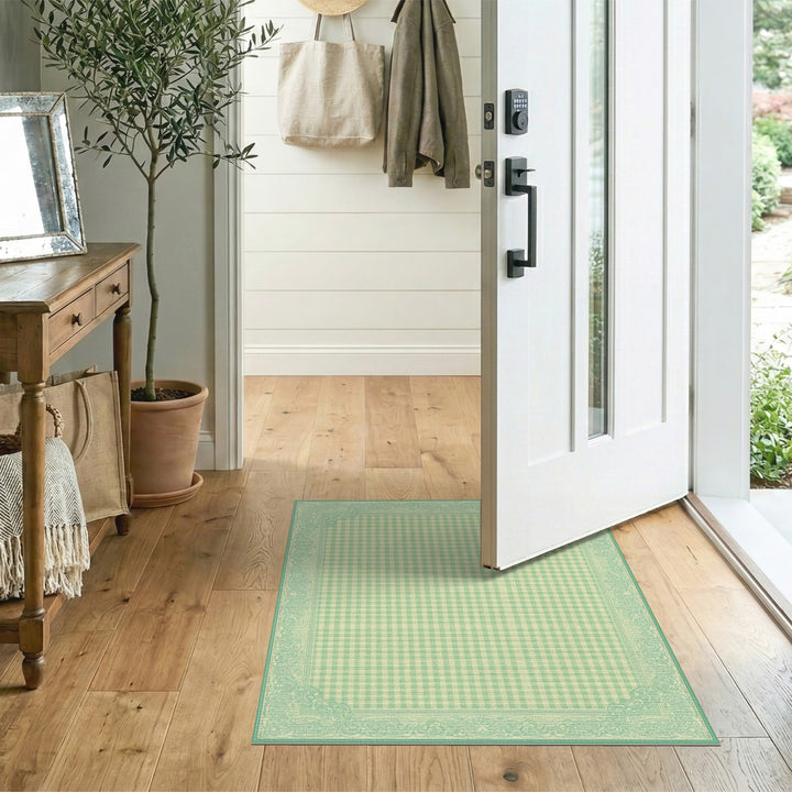 Green Gingham Checkered Area Rug with Ornate Border