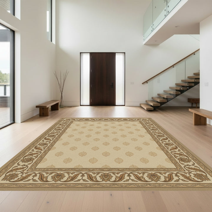 Elegant Beige Floral Border Medallion Rug