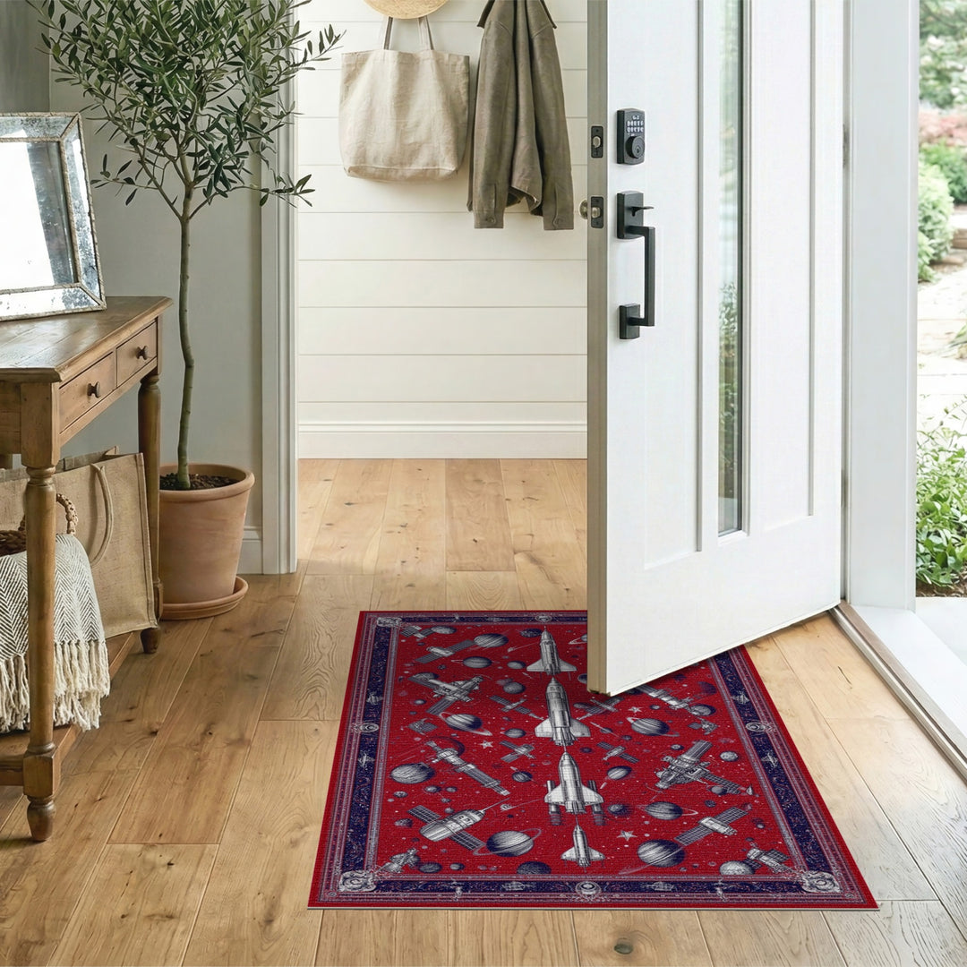Red Space Rocket Washable Area Rug