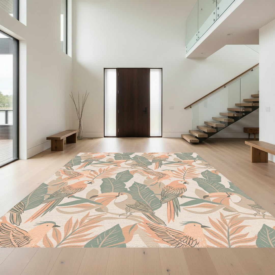 Tropical Birds Orange Green Leaves Rug