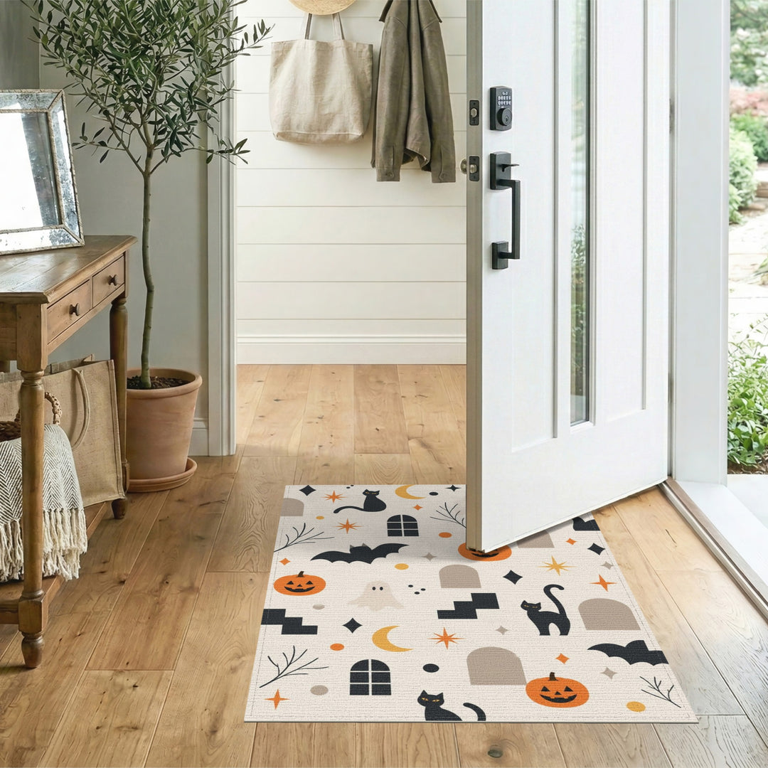 Spooky Halloween Cats Pumpkins Washable Area Rug