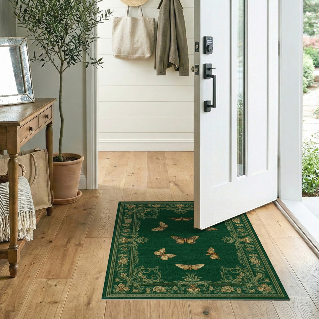 Green Vintage Butterfly Floral Area Rug