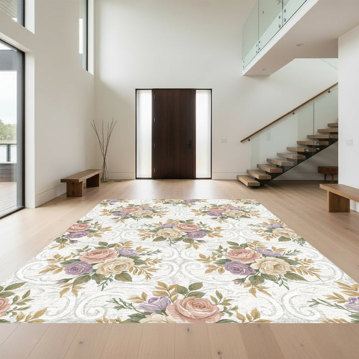Vintage Rose Garden Scroll Work Rug