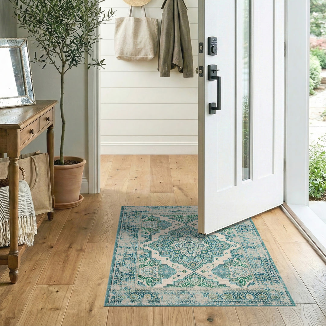 Blue and Teal Distressed Vintage Medallion Area Rug