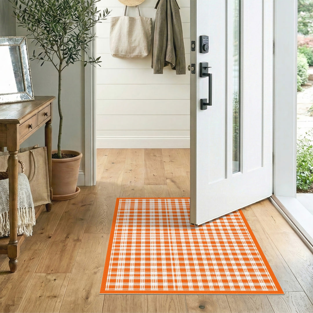 Orange Geometric Modern Orange Checkered Washable Area Rug