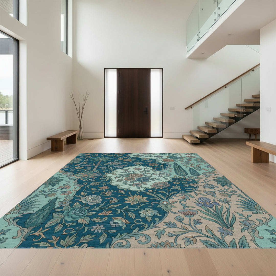 Vintage Teal Floral Tree Garden Rug