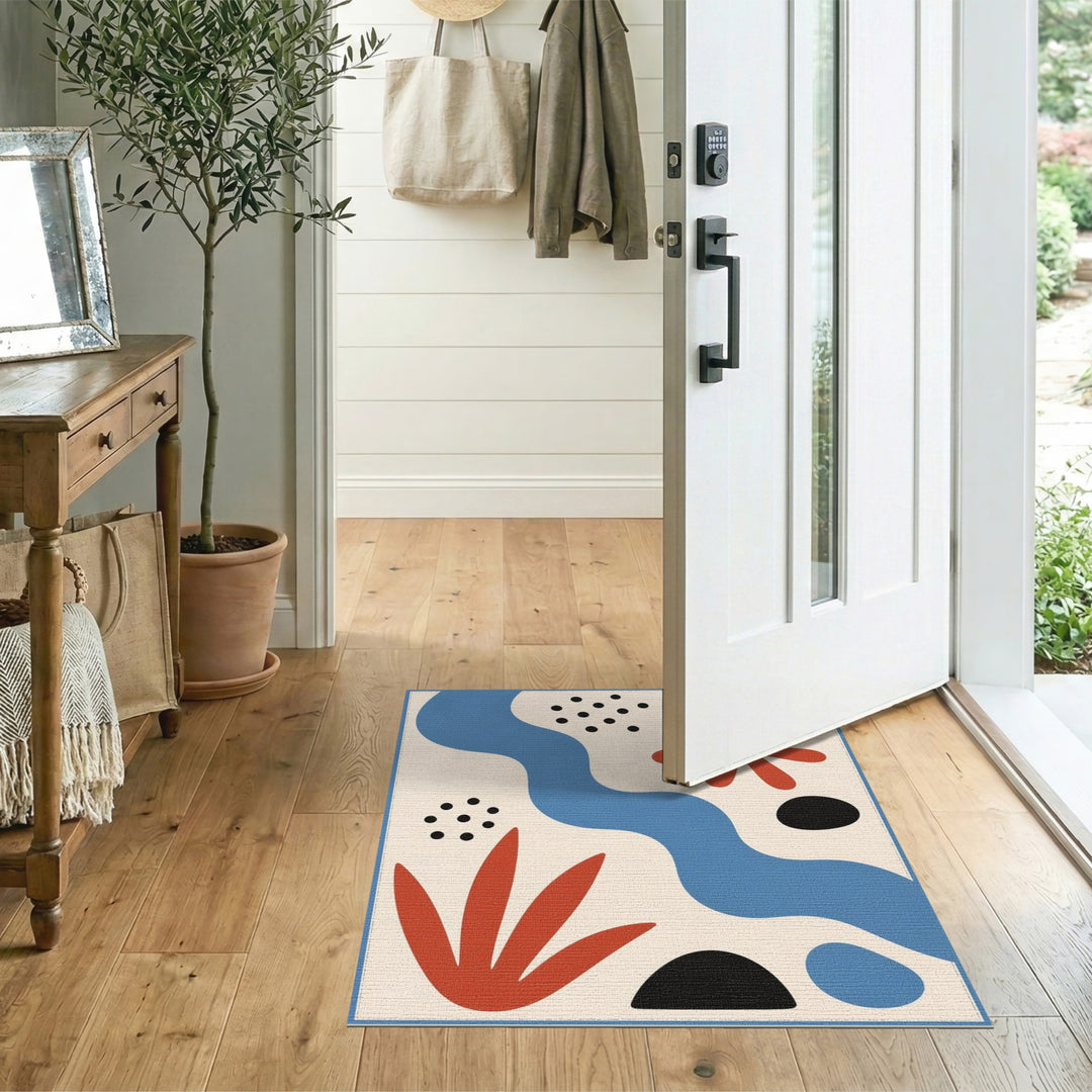 Blue Abstract Area Rug with Red Accents