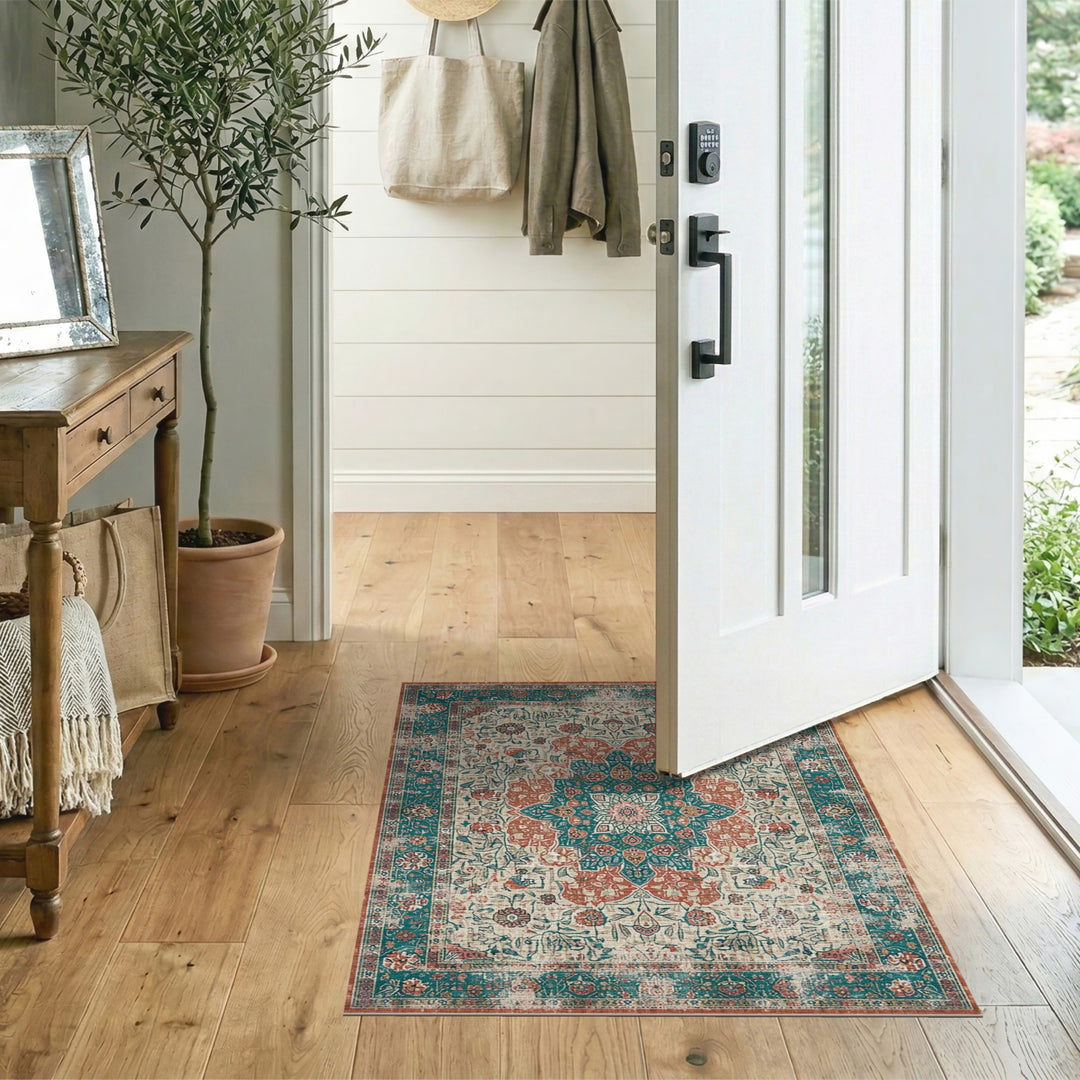 Teal Medallion Distressed Vintage Area Rug