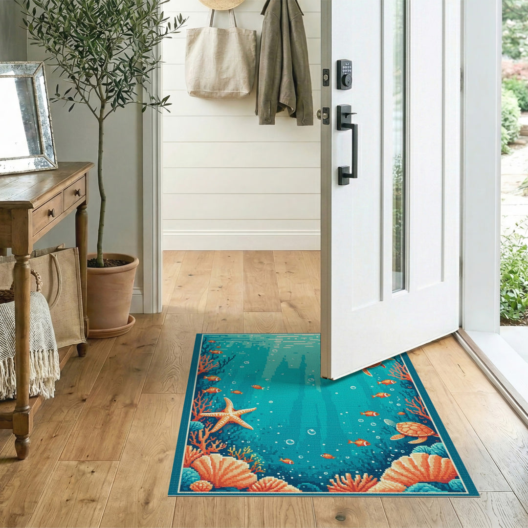 Sea Turtle Blue Teal Washable Area Rug