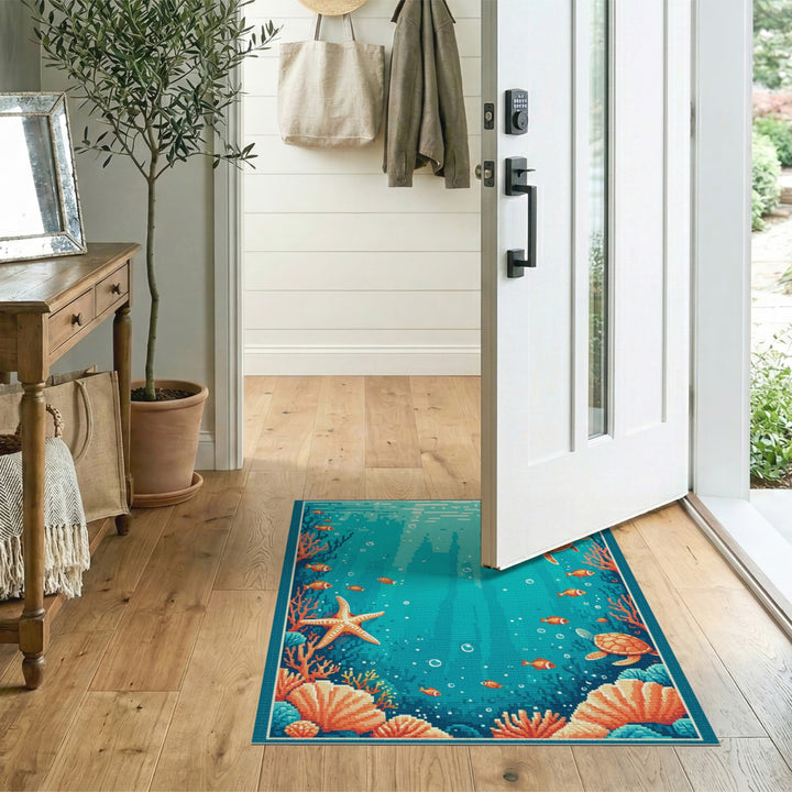 Sea Turtle Blue Teal Washable Area Rug