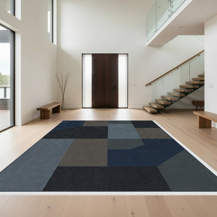 Dark Blue Geometric Cubist Blocks Rug