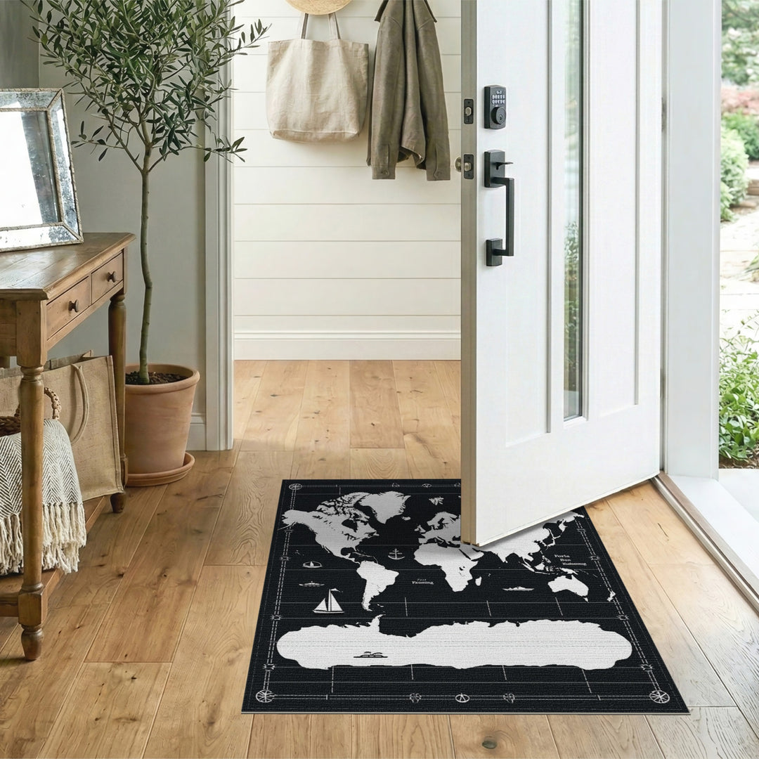 Black White World Map Nautical Area Rug