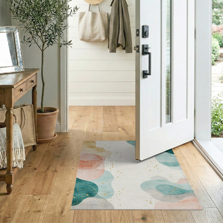 Abstract Teal Coral Washable Area Rug