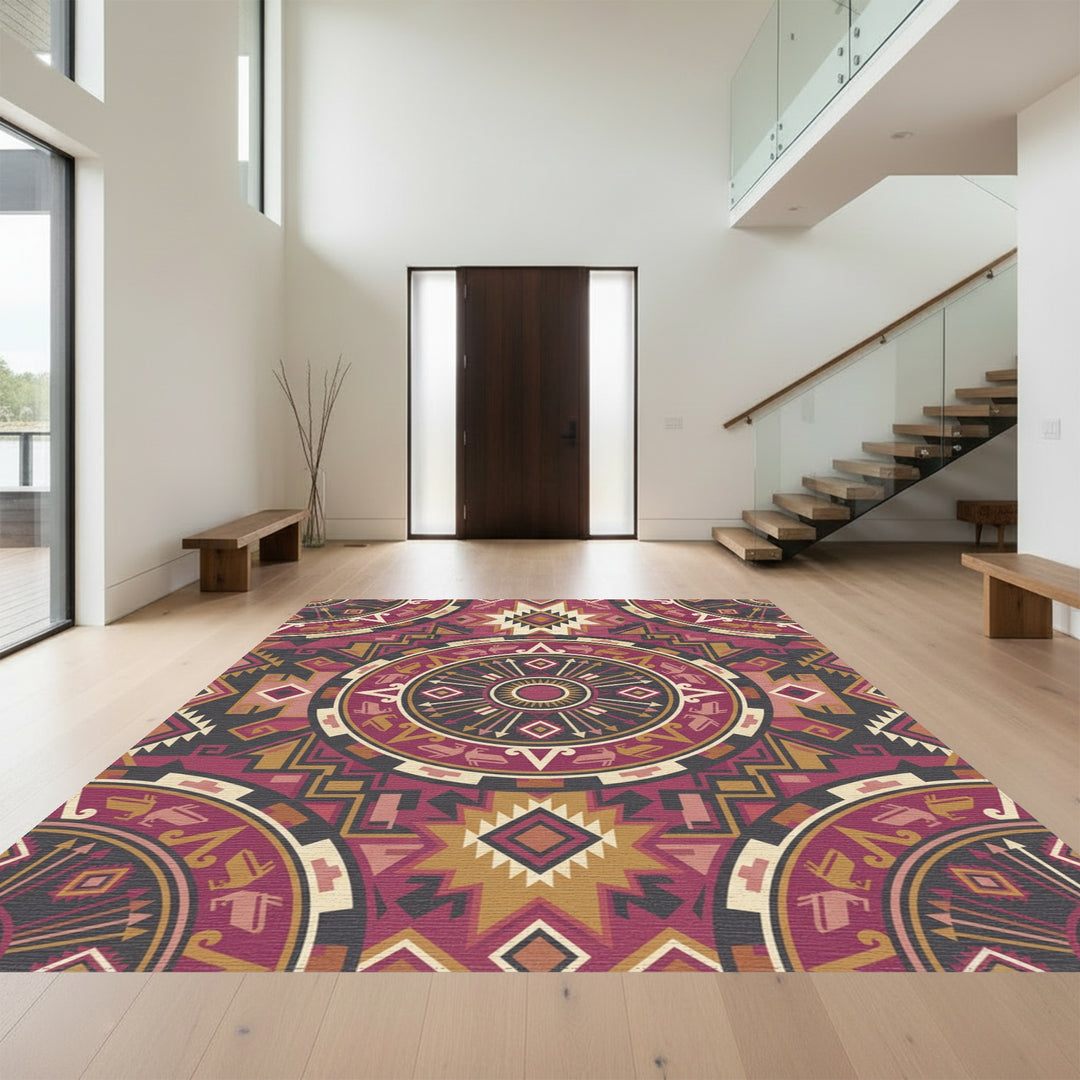 Rich Burgundy Geometric Sunburst Mandala Rug