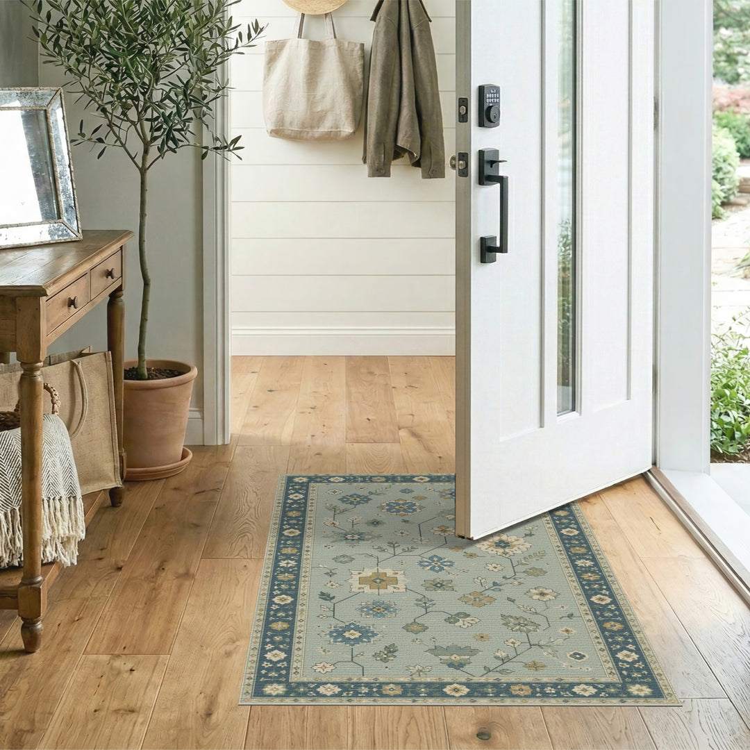 Blue Teal Floral Vintage Area Rug