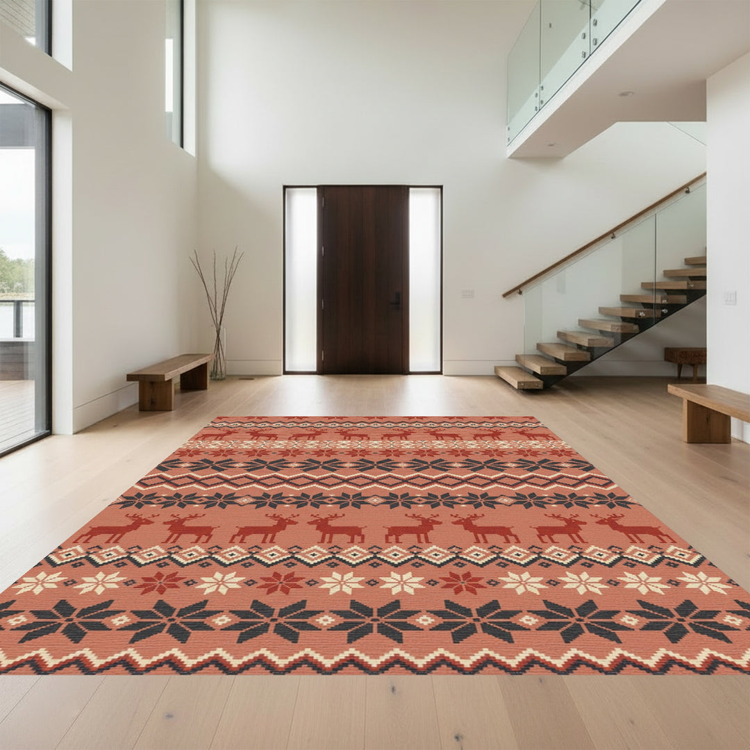 Rustic Red Deer Snowflake Nordic Rug
