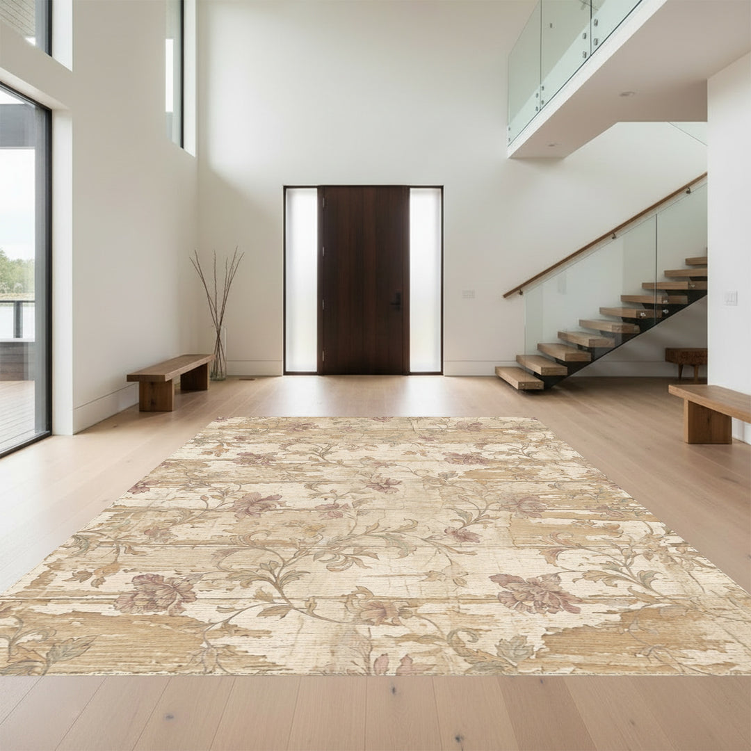 Rustic Floral Vine Distressed Wood Rug