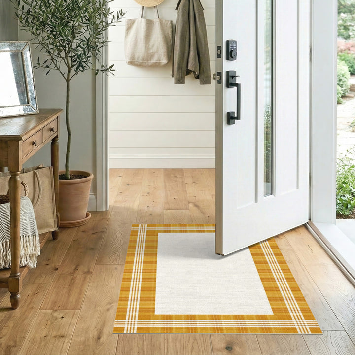 Yellow Plaid Border Washable Area Rug