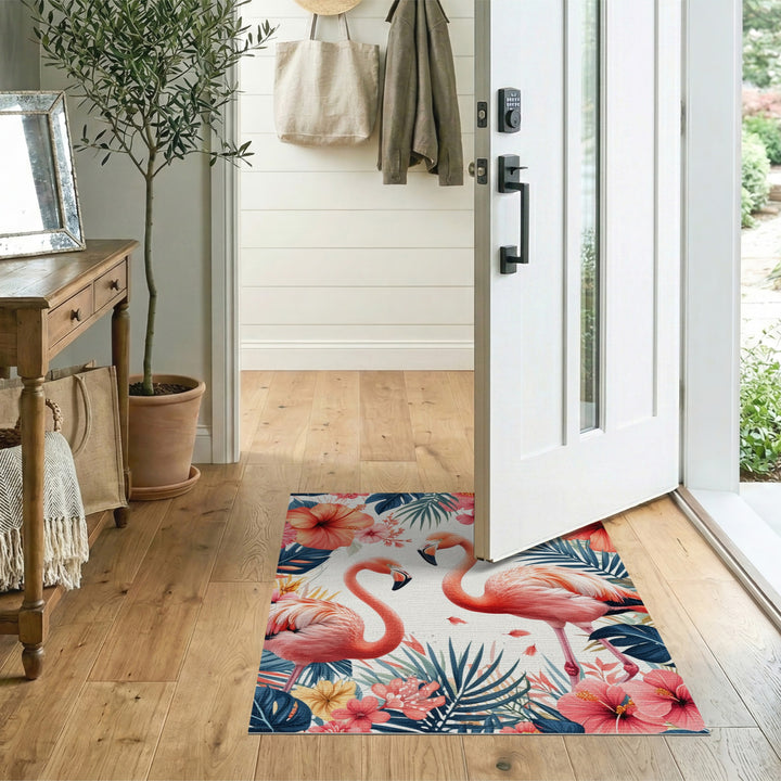Multi-color and Patterns Pink Flamingo Hibiscus Washable Area Rug