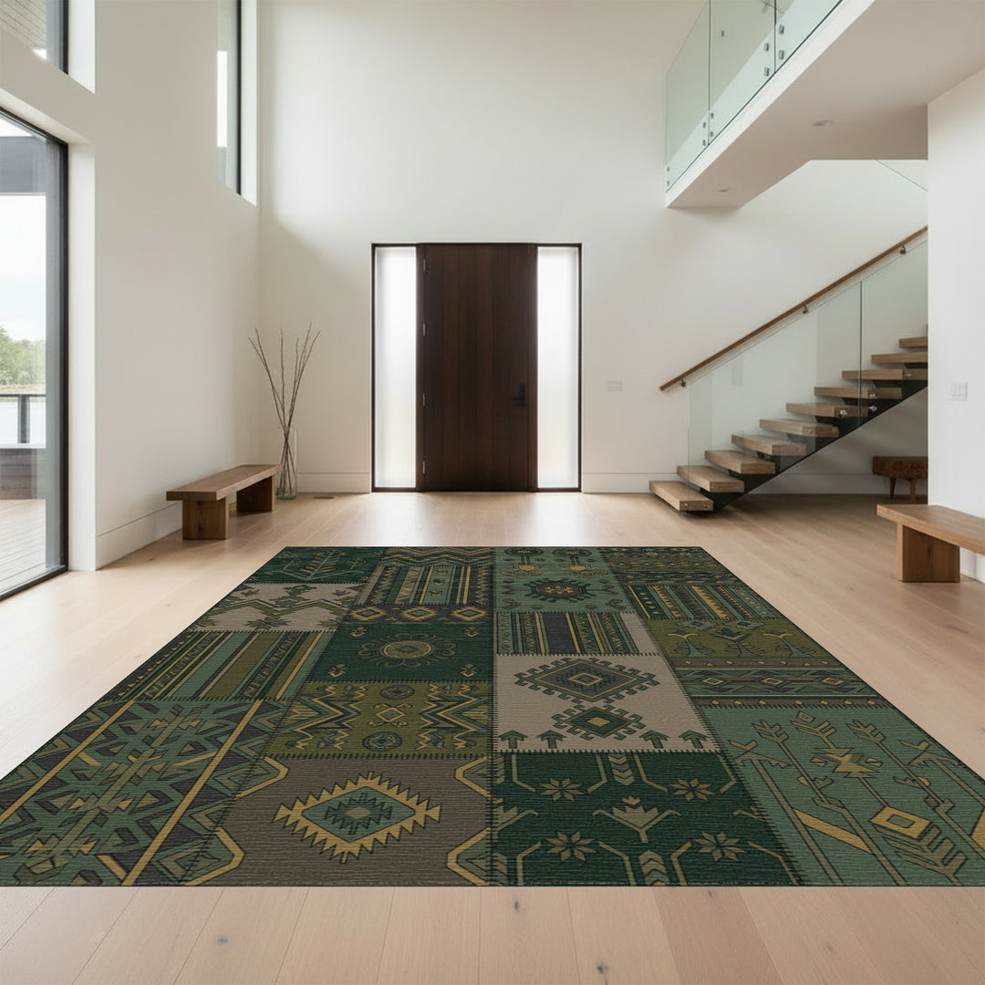 Army Green Geometric Patchwork Medallion Rug