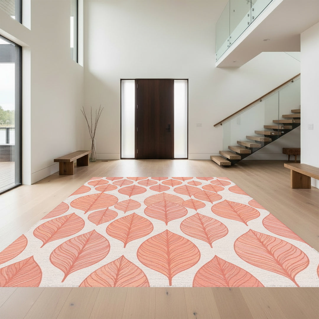 Terracotta Leaf Overlay Repeating Pattern Rug